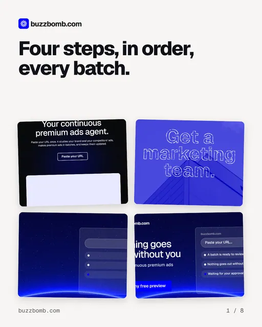 Carousel for BuzzBomb: "Four steps, in order, every batch.". Collection carousel, 8 slides, light palette.