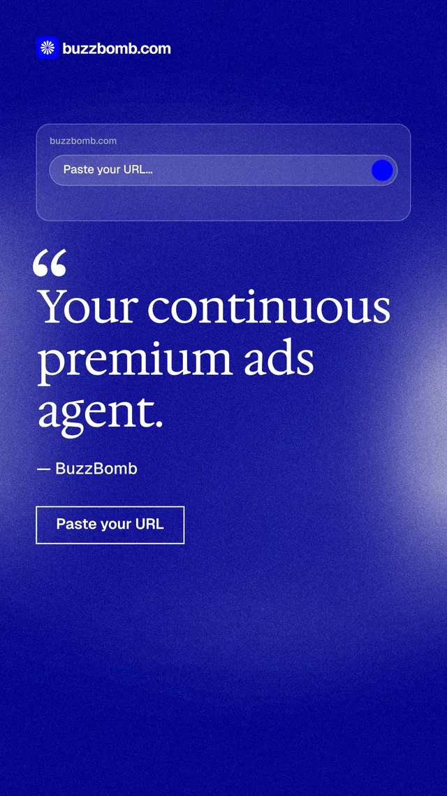 Instagram story for BuzzBomb: "Your continuous premium ads agent." Cyanotype style, quote layout, dark palette in blue.