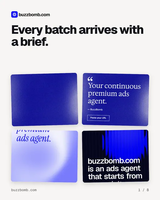Carousel for BuzzBomb: "Every batch arrives with a brief.". Collection carousel, 8 slides, light palette.