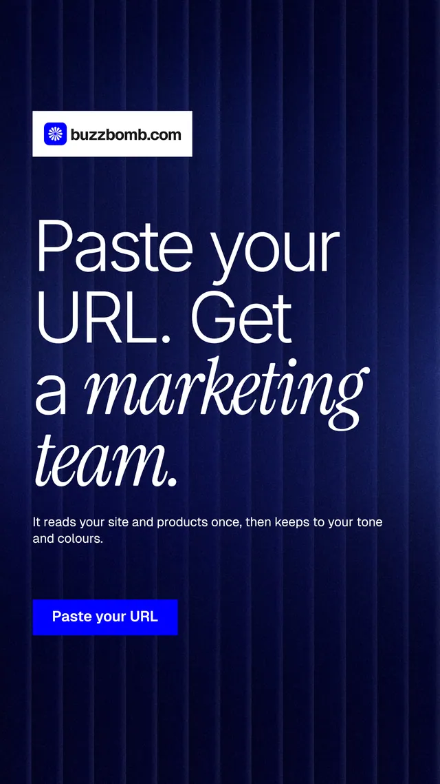 Instagram story for BuzzBomb: "Paste your URL. Get a marketing team." Swiss style, announce layout, dark palette in blue, black.