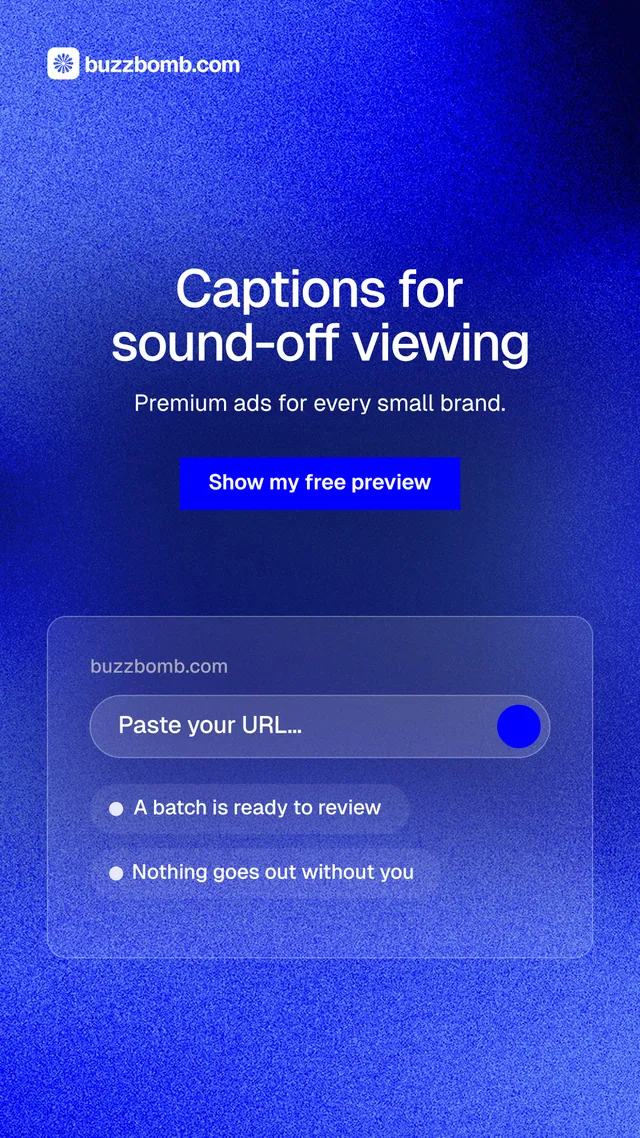 Instagram story for BuzzBomb: "Captions for sound-off viewing". Swiss style, centred layout, dark palette in blue.
