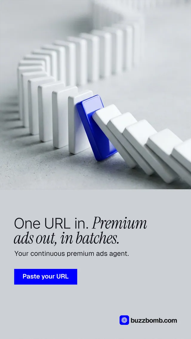 Instagram story for BuzzBomb: "One URL in. Premium ads out, in batches." Swiss style, bottom layout, light palette in white, grey.