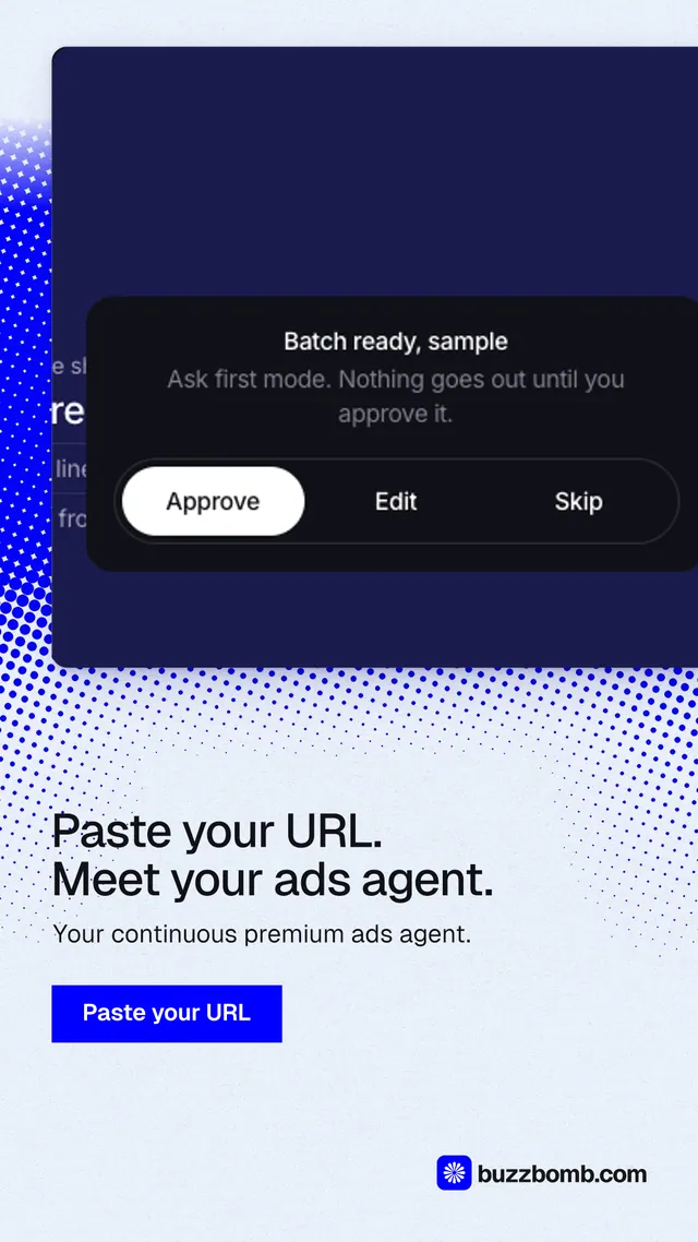 Instagram story for BuzzBomb: "Paste your URL. Meet your ads agent." Swiss style, bottom layout, light palette in white, blue.