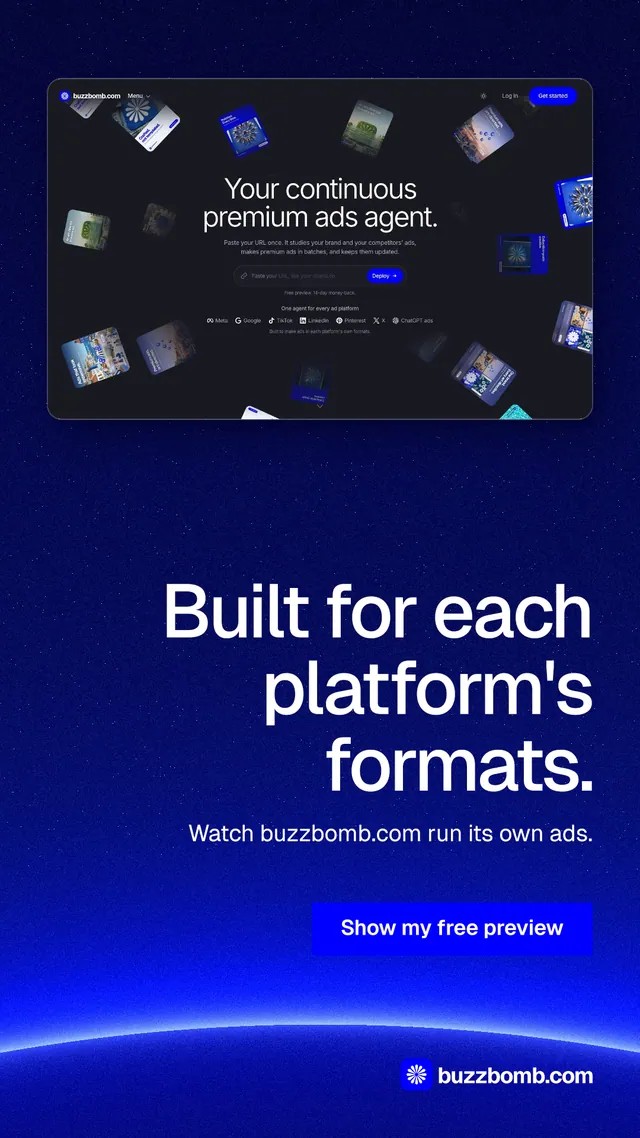 Instagram story for BuzzBomb: "Built for each platform's formats." Swiss style, right layout, dark palette in blue.