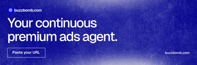 X header for BuzzBomb: "Your continuous premium ads agent." Cyanotype style, poster layout, dark palette in blue.