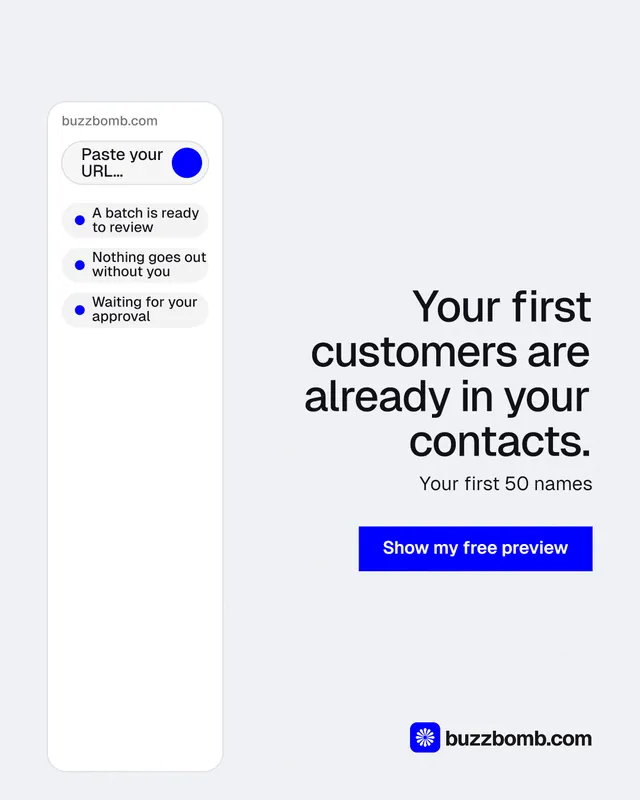 Instagram portrait post for BuzzBomb: "Your first customers are already in your contacts." Swiss style, right layout, light palette in white, blue.