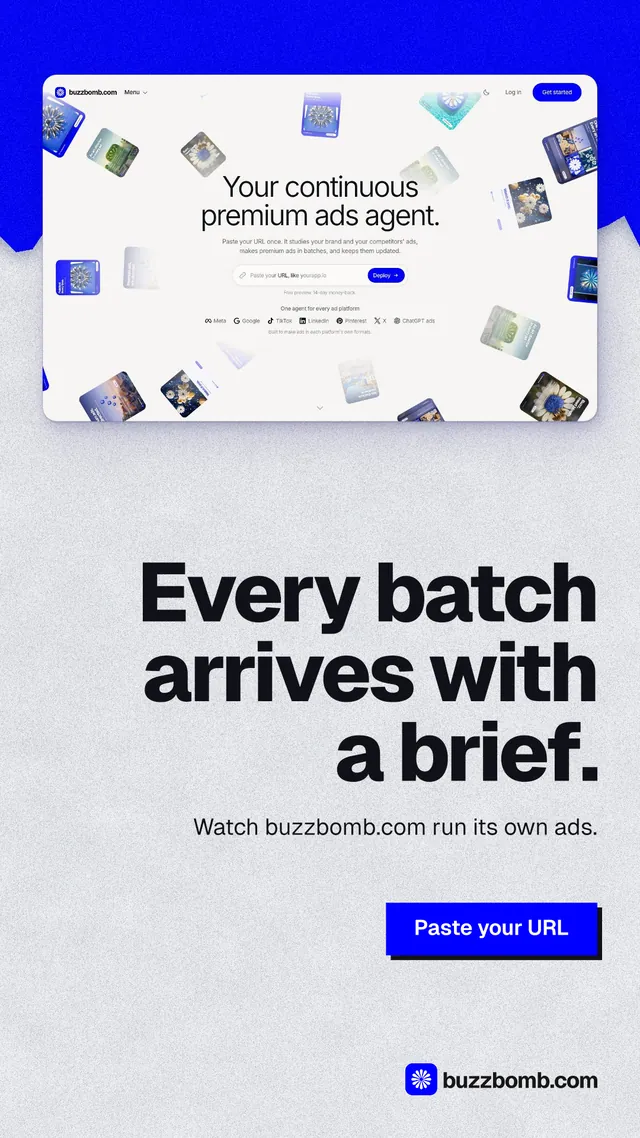 Instagram story for BuzzBomb: "Every batch arrives with a brief." Paper trio style, right layout, light palette in white, blue.