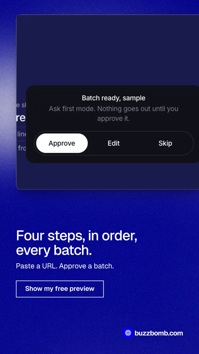 Instagram story for BuzzBomb: "Four steps, in order, every batch." Cyanotype style, bottom layout, dark palette in blue.