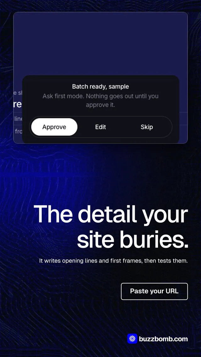 Instagram story for BuzzBomb: "The detail your site buries." Phosphor atlas style, right layout, dark palette in black, blue, grey.