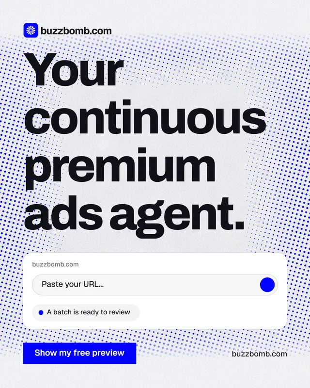 Instagram portrait post for BuzzBomb: "Your continuous premium ads agent." Swiss style, poster layout, light palette in blue, white, grey.