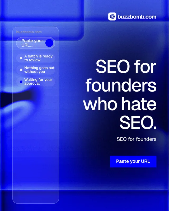 Instagram portrait post for BuzzBomb: "SEO for founders who hate SEO." Swiss style, right layout, dark palette in blue.
