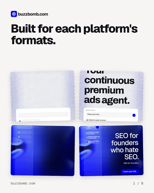 Carousel for BuzzBomb: "Built for each platform's formats.". Collection carousel, 8 slides, light palette.