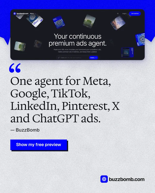 Instagram portrait post for BuzzBomb: "One agent for Meta, Google, TikTok, LinkedIn, Pinterest, X and ChatGPT ads." Paper trio style, quote layout, light palette in blue, white, grey.