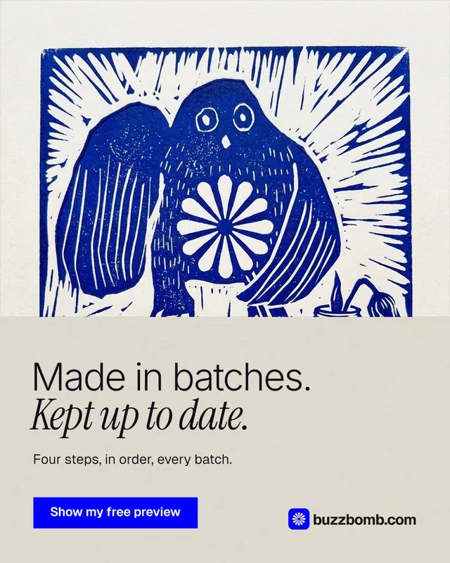 Instagram portrait post for BuzzBomb: "Made in batches. Kept up to date." Swiss style, bottom layout, light palette in yellow, blue, white.
