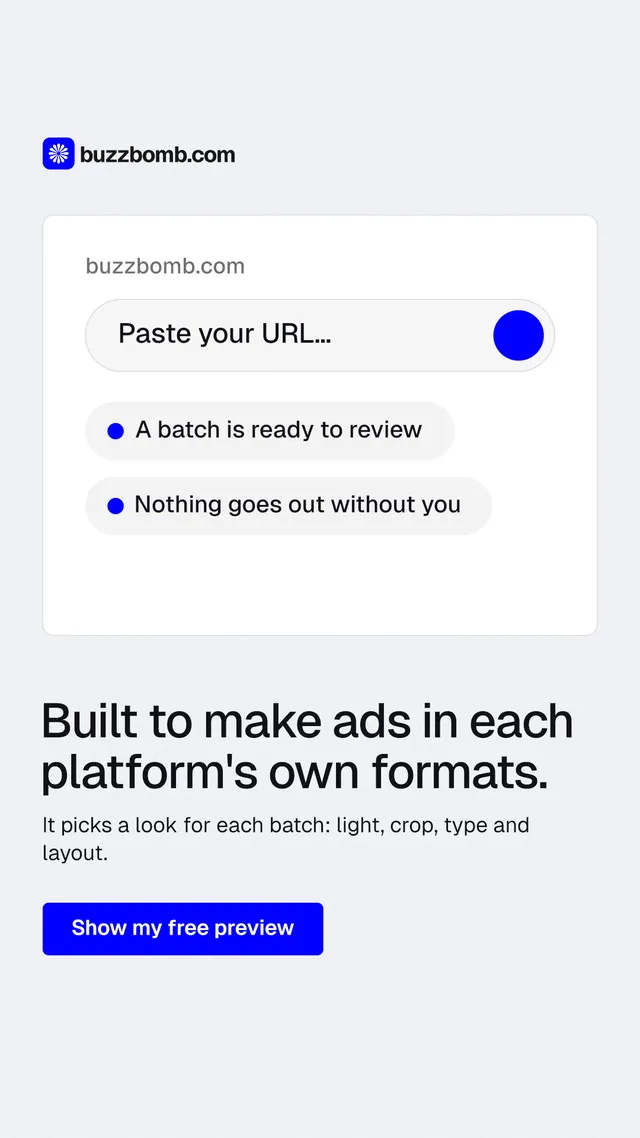 Instagram story for BuzzBomb: "Built to make ads in each platform's own formats." Data card style, bottom layout, light palette in white, blue.