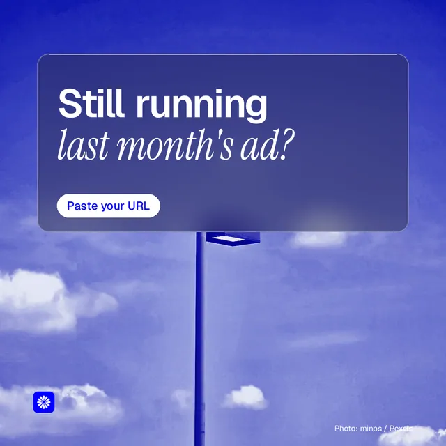 Instagram post for BuzzBomb: "Still running last month's ad?" Glass style, technique:pexels ingredient layout, dark palette in blue.