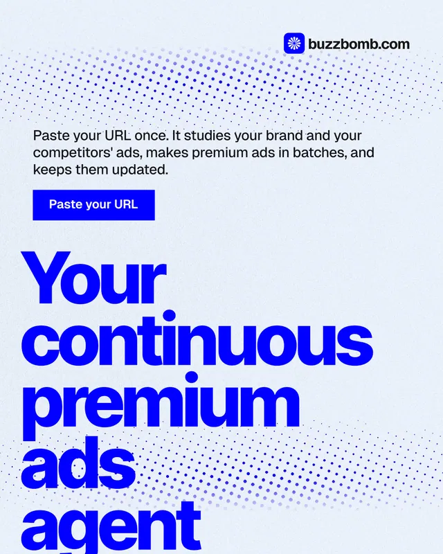 Instagram portrait post for BuzzBomb: "Your continuous premium ads agent." Swiss style, oversized layout, light palette in white, blue.