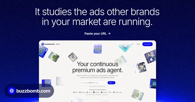Social ad for BuzzBomb: "It studies the ads other brands in your market are running." Swiss style, ogui layout, dark palette in blue, white.