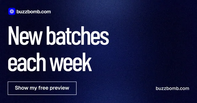 Social ad for BuzzBomb: "New batches each week". Dark deco style, poster layout, dark palette in black, blue, grey.
