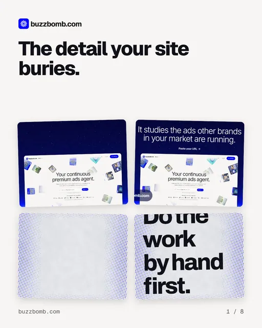 Carousel for BuzzBomb: "The detail your site buries.". Collection carousel, 8 slides, light palette.