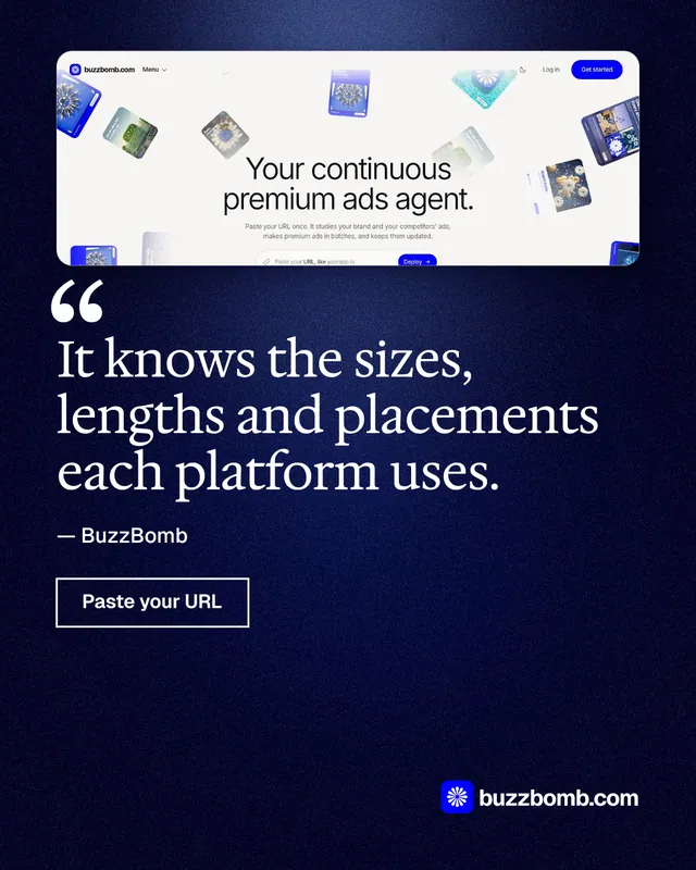 Instagram portrait post for BuzzBomb: "It knows the sizes, lengths and placements each platform uses." Dark deco style, quote layout, dark palette in black, blue, white.