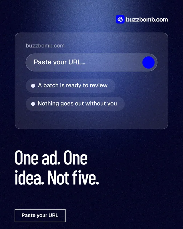 Instagram portrait post for BuzzBomb: "One ad. One idea. Not five." Dark deco style, bottom layout, dark palette in black, blue.