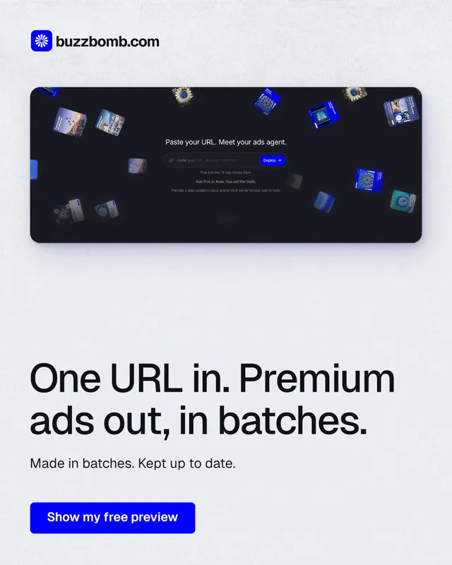 Instagram portrait post for BuzzBomb: "One URL in. Premium ads out, in batches." Data card style, bottom layout, light palette in white, blue, grey.