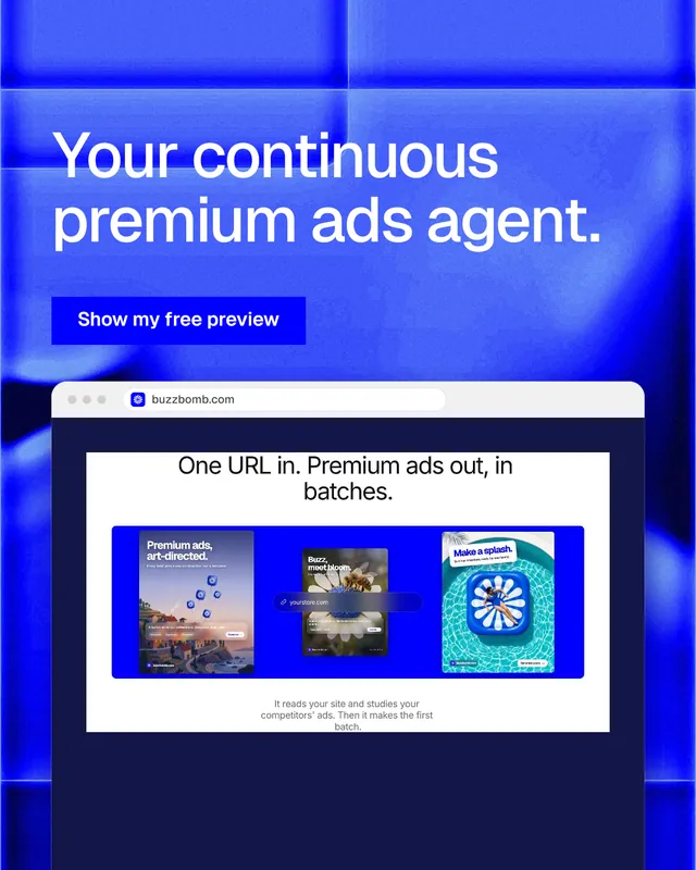 Instagram portrait post for BuzzBomb: "Your continuous premium ads agent." Swiss style, browser layout, dark palette in blue.