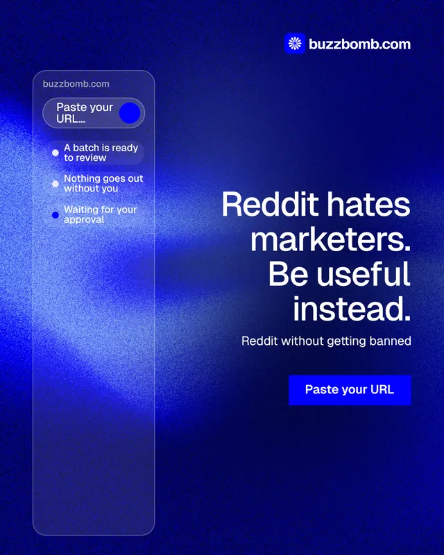 Instagram portrait post for BuzzBomb: "Reddit hates marketers. Be useful instead." Swiss style, right layout, dark palette in blue.