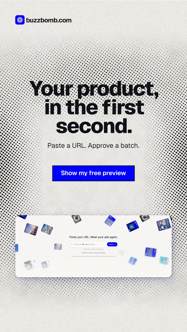 Instagram story for BuzzBomb: "Your product, in the first second." Ink sticker style, centred layout, light palette in white, grey.