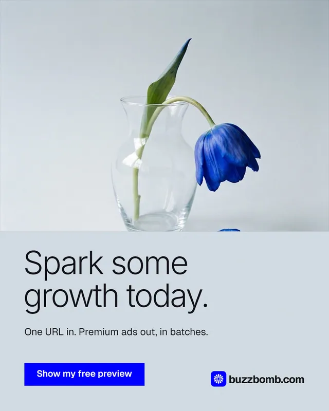 Instagram portrait post for BuzzBomb: "Spark some growth today." Swiss style, bottom layout, light palette in white, blue.