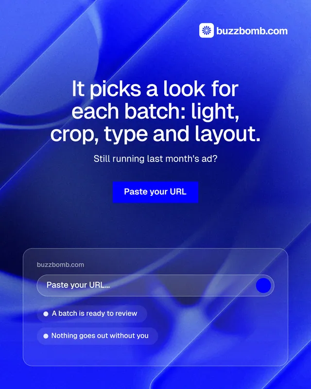 Instagram portrait post for BuzzBomb: "It picks a look for each batch: light, crop, type and layout." Swiss style, centred layout, dark palette in blue.