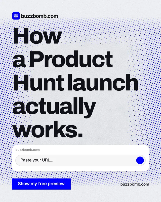 Instagram portrait post for BuzzBomb: "How a Product Hunt launch actually works." Swiss style, poster layout, light palette in blue, white, grey.
