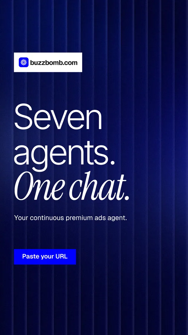 Instagram story for BuzzBomb: "Seven agents. One chat." Swiss style, announce layout, dark palette in blue, black.