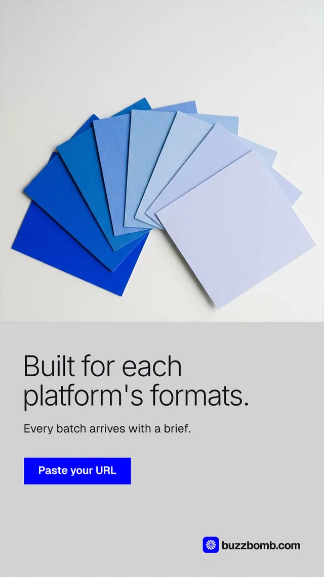 Instagram story for BuzzBomb: "Built for each platform's formats." Swiss style, bottom layout, light palette in white, blue.