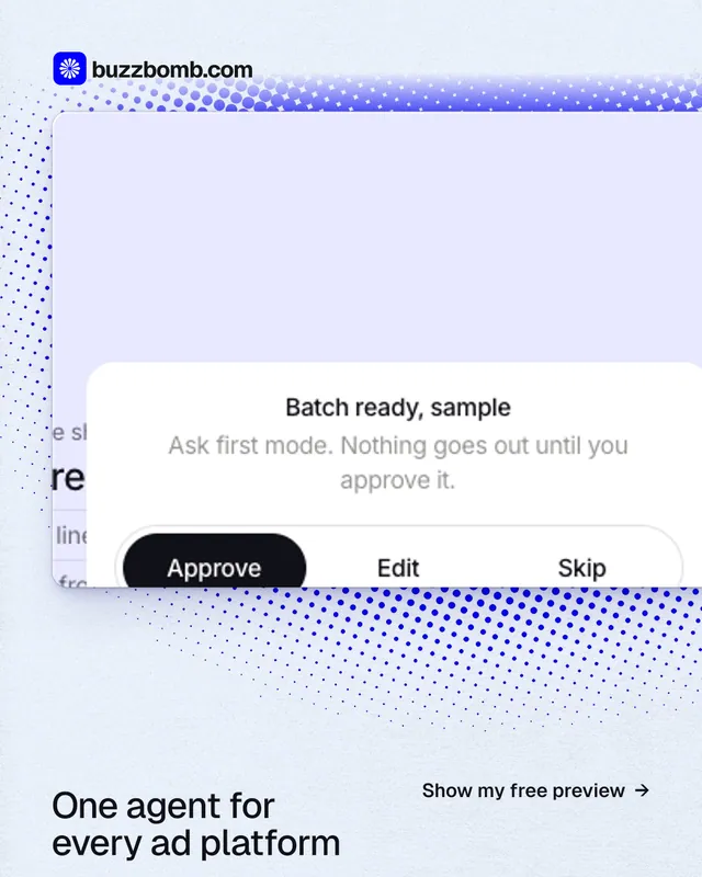 Instagram portrait post for BuzzBomb: "One agent for every ad platform". Swiss style, image led layout, light palette in white, blue.