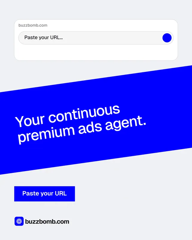 Instagram portrait post for BuzzBomb: "Your continuous premium ads agent." Swiss style, diagonal layout, light palette in white, blue.