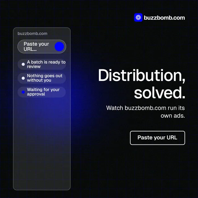 Instagram post for BuzzBomb: "Distribution, solved." Phosphor atlas style, right layout, dark palette in black, blue.