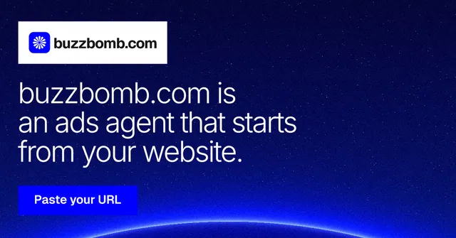 Social ad for BuzzBomb: "buzzbomb.com is an ads agent that starts from your website." Swiss style, announce layout, dark palette in blue.