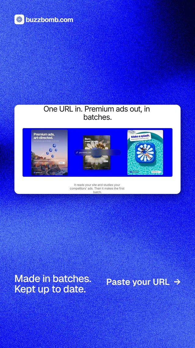 Instagram story for BuzzBomb: "Made in batches. Kept up to date." Swiss style, image led layout, dark palette in blue.