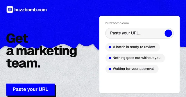 Social ad for BuzzBomb: "Get a marketing team." Paper trio style, bottom layout, light palette in blue, white.