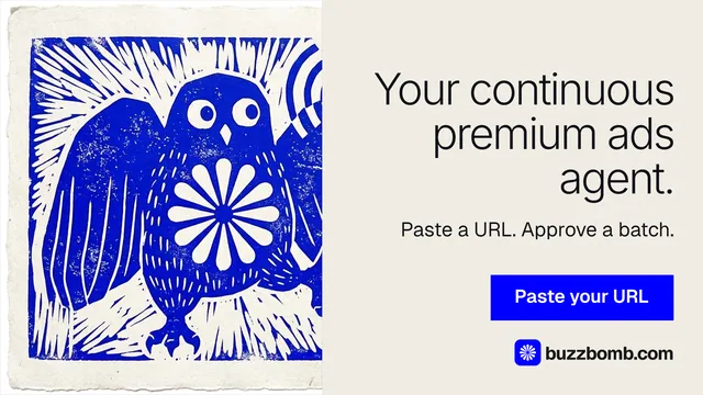 Landscape graphic for BuzzBomb: "Your continuous premium ads agent." Swiss style, right layout, light palette in yellow, blue, grey.