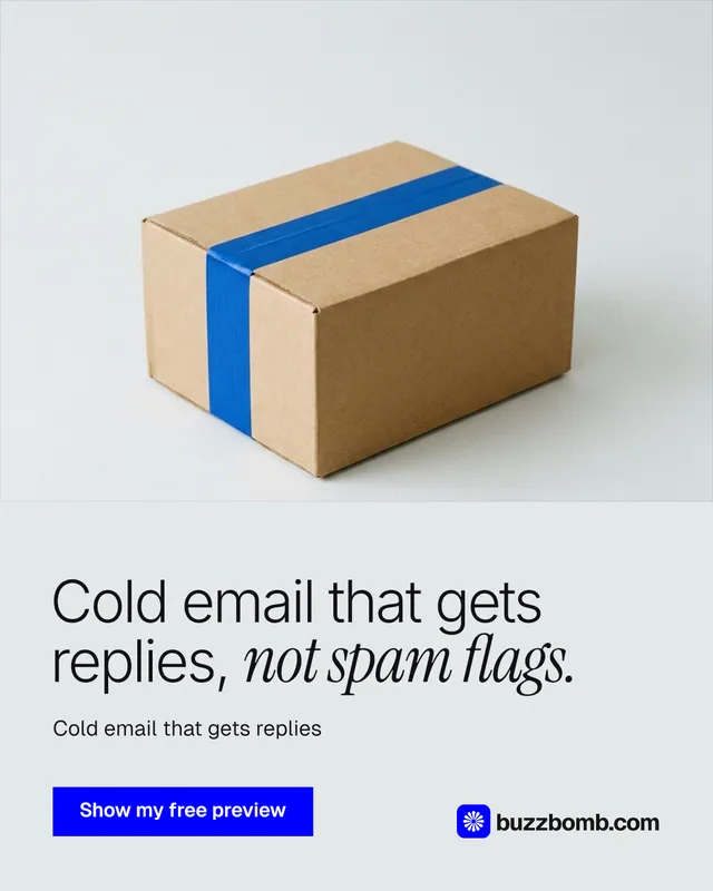 Instagram portrait post for BuzzBomb: "Cold email that gets replies, not spam flags." Swiss style, bottom layout, light palette in white, grey.