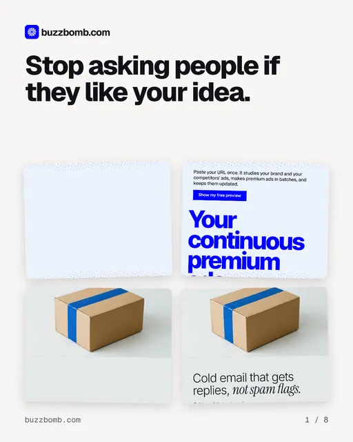 Carousel for BuzzBomb: "Stop asking people if they like your idea.". Collection carousel, 8 slides, light palette.