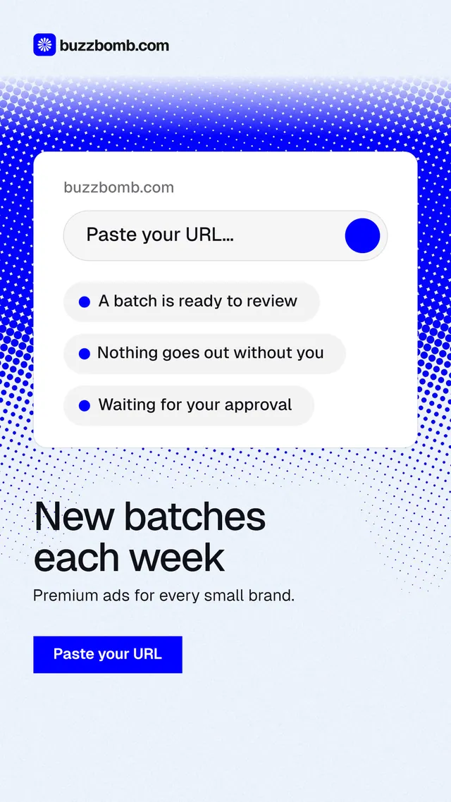 Instagram story for BuzzBomb: "New batches each week". Swiss style, bottom layout, light palette in white, blue.