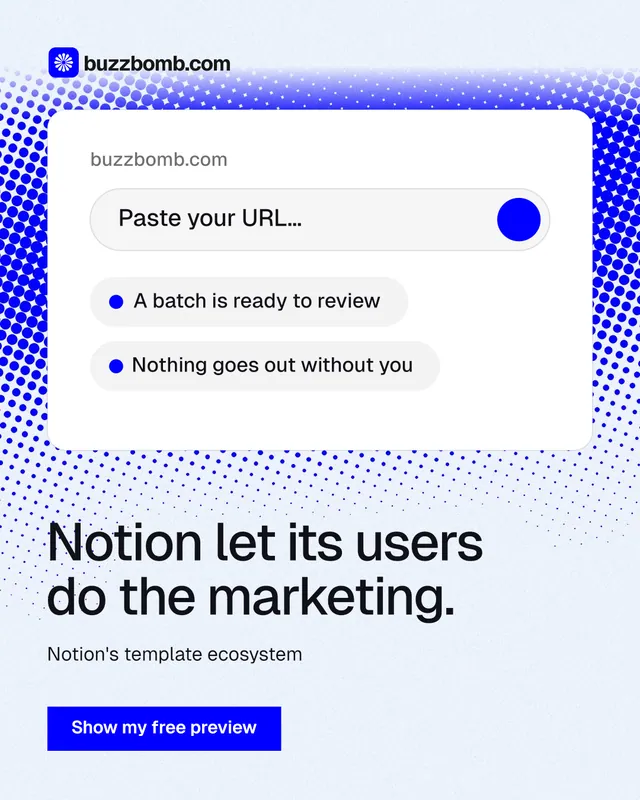 Instagram portrait post for BuzzBomb: "Notion let its users do the marketing." Swiss style, bottom layout, light palette in white, blue.