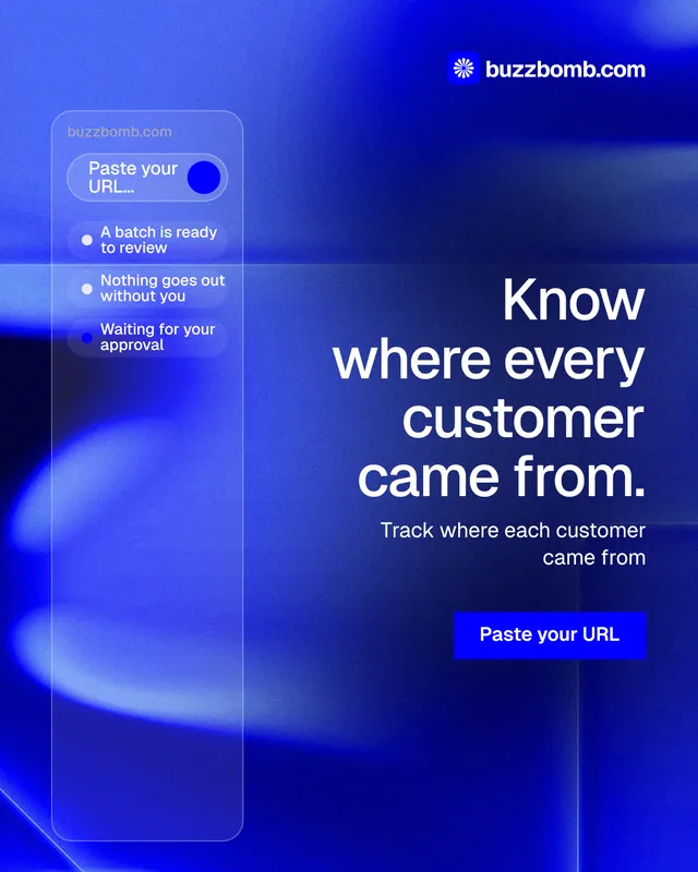 Instagram portrait post for BuzzBomb: "Know where every customer came from." Swiss style, right layout, dark palette in blue.