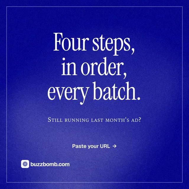 Instagram post for BuzzBomb: "Four steps, in order, every batch." Editorial style, smallcaps layout, dark palette in blue.