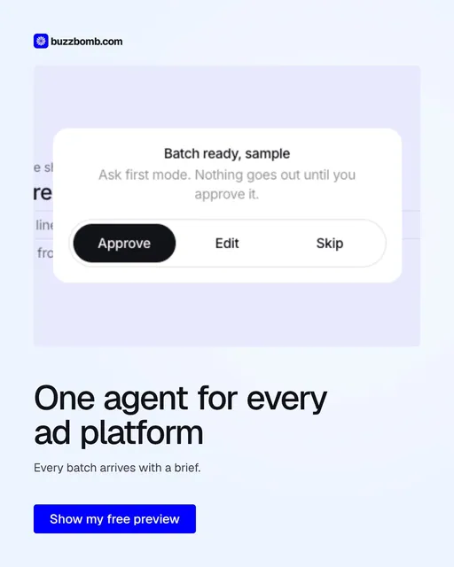 Video for BuzzBomb: "One agent for every ad platform". Doc motion loop, 6.0 s, light palette.