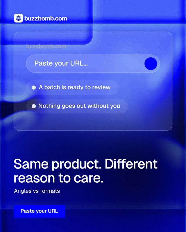 Instagram portrait post for BuzzBomb: "Same product. Different reason to care." Swiss style, bottom layout, dark palette in blue.